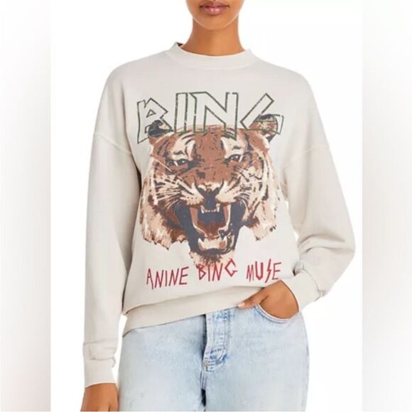 Anine Bing Tops - ANINE BING Tiger Muse Stone Crew Pullover Sweatshirt 100% Organic Cotton Size XS